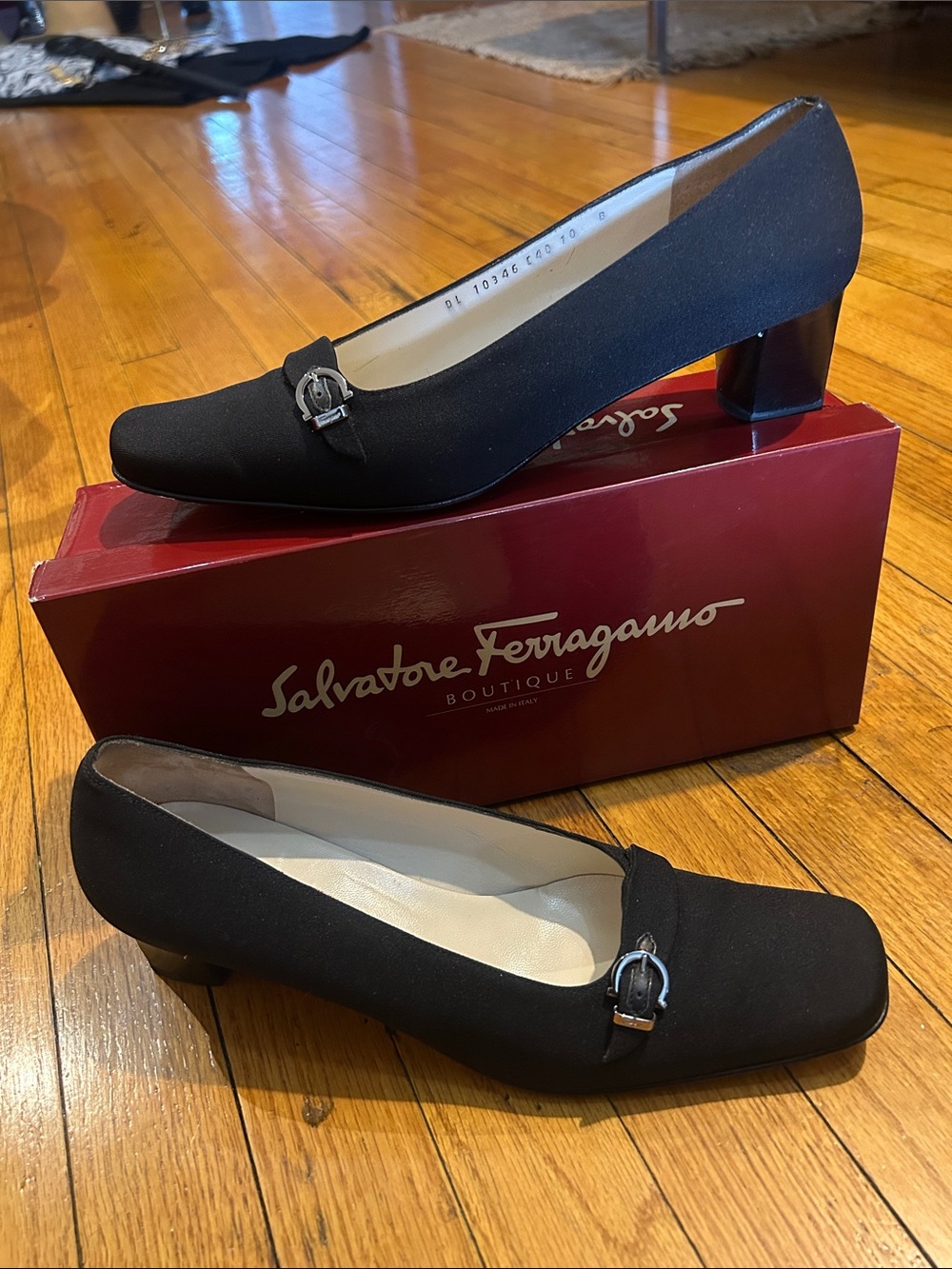 Salvatore Ferragamo Black Low Block Heel Pumps with Signature Buckle